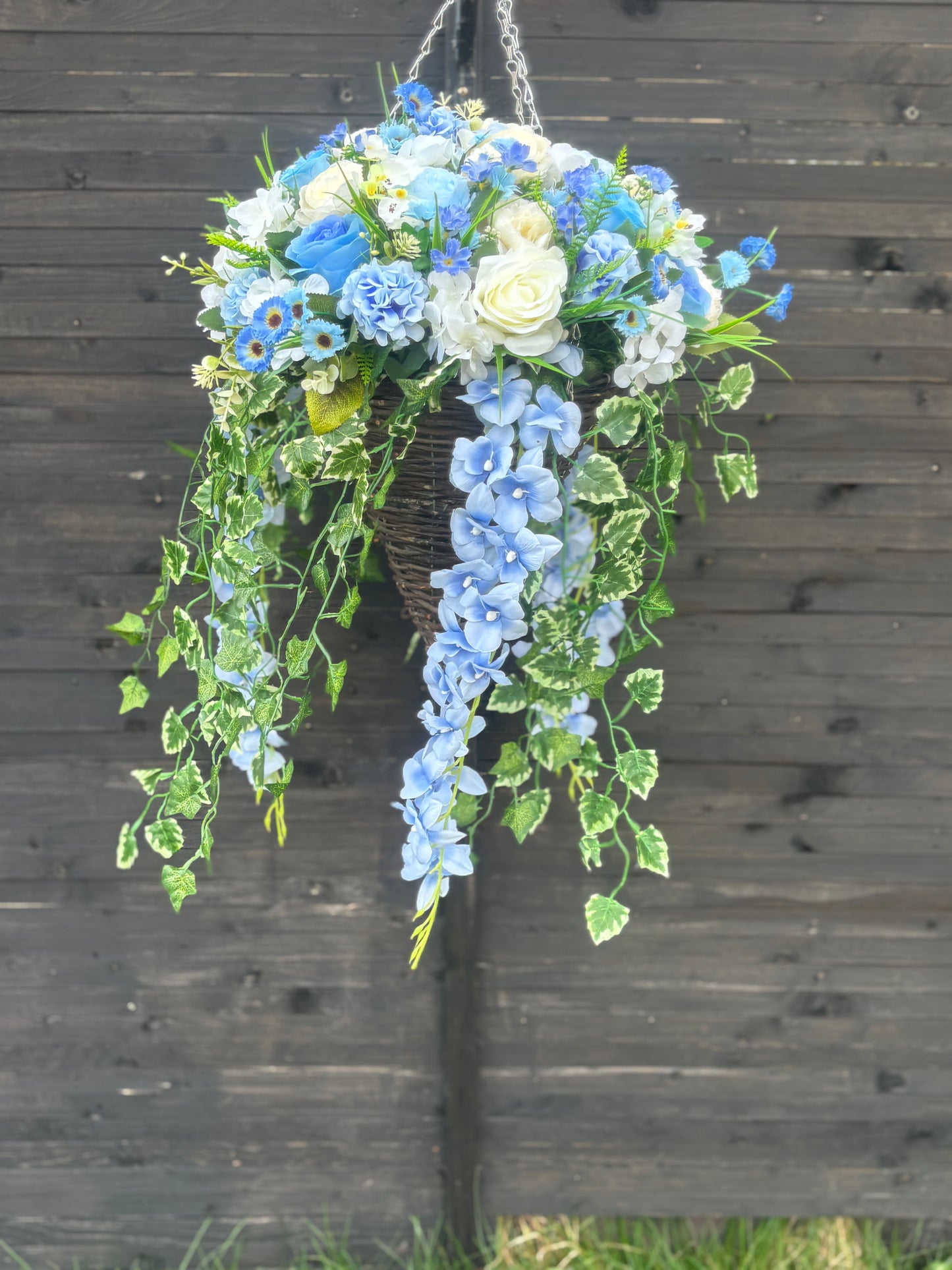 Pale Blue & Ivory Deluxe Rattan Basket