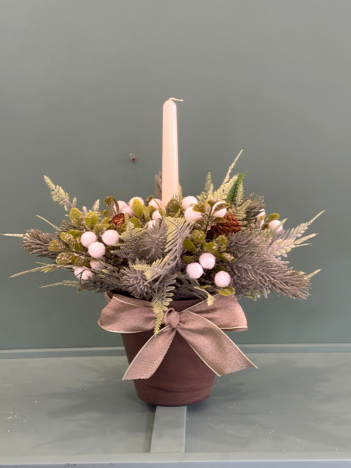 Sage Green & White Christmas Candle Pot