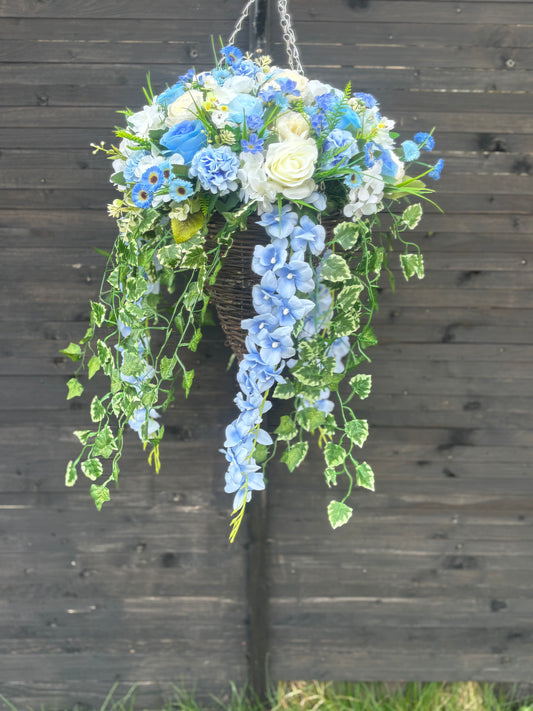 Pale Blue & Ivory Deluxe Rattan Basket
