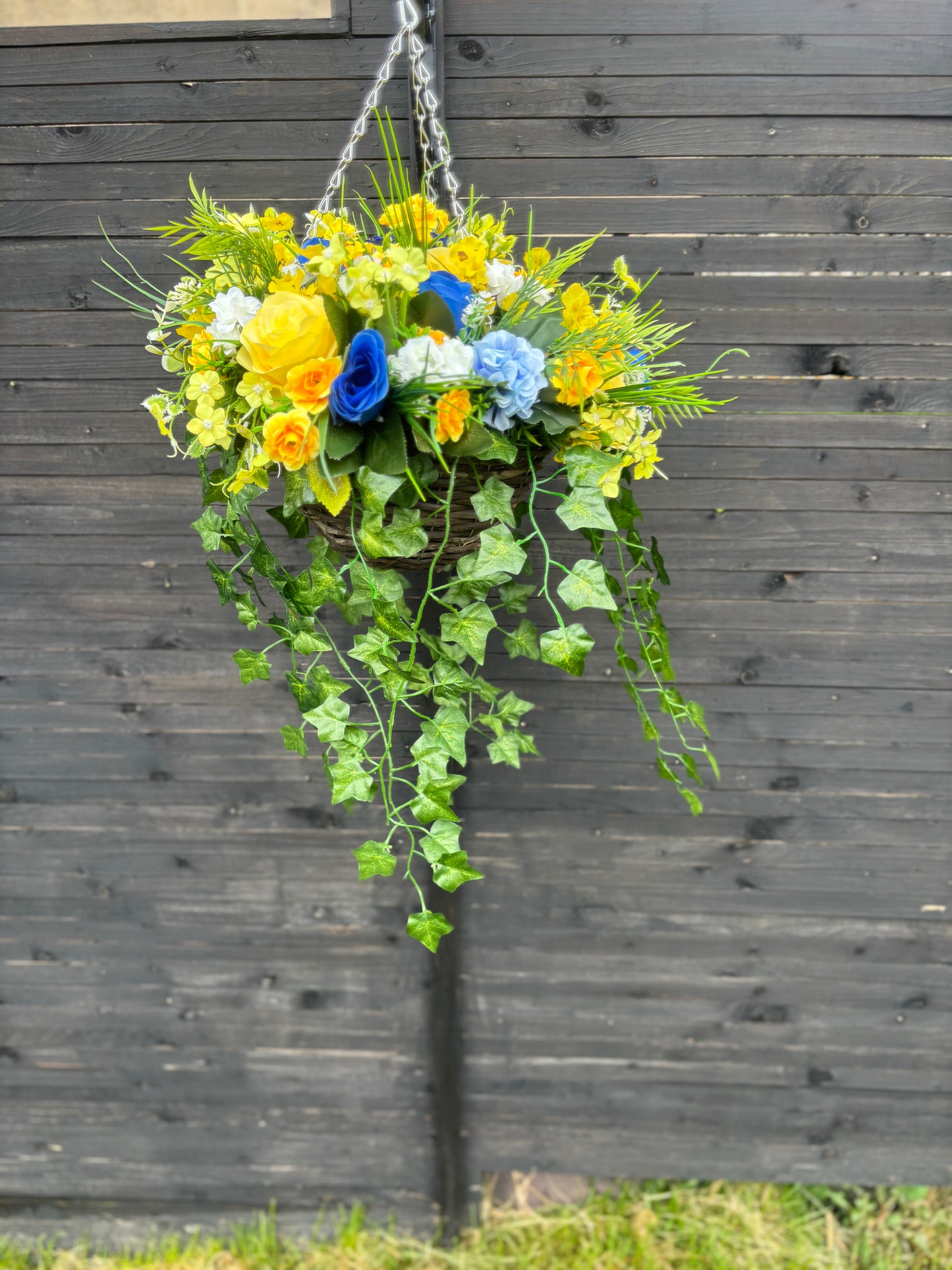 Standard blue and yellow Rattan Basket with Ivy