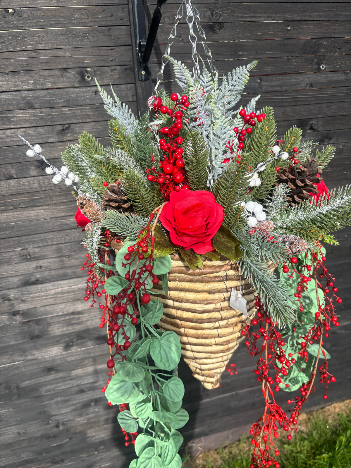 Mixed foliage Rose, berry and cone deluxe basket
