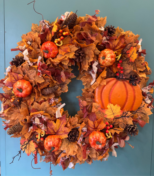 Pumpkin Autumn Leaves Faux Wreath