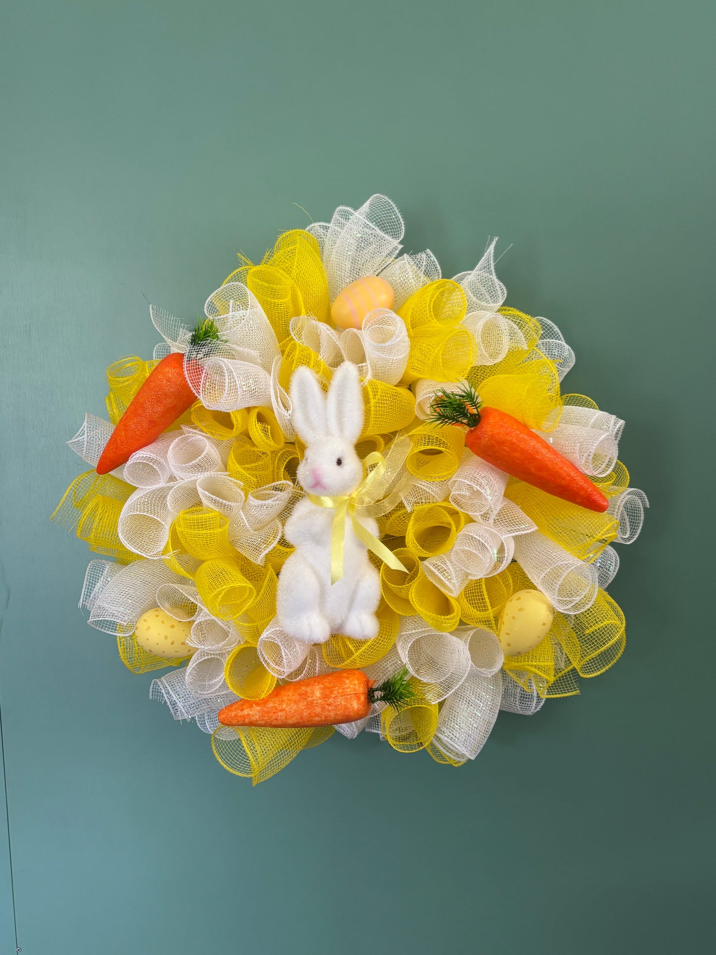 White Bunny Easter Deco Mesh Door Wreath