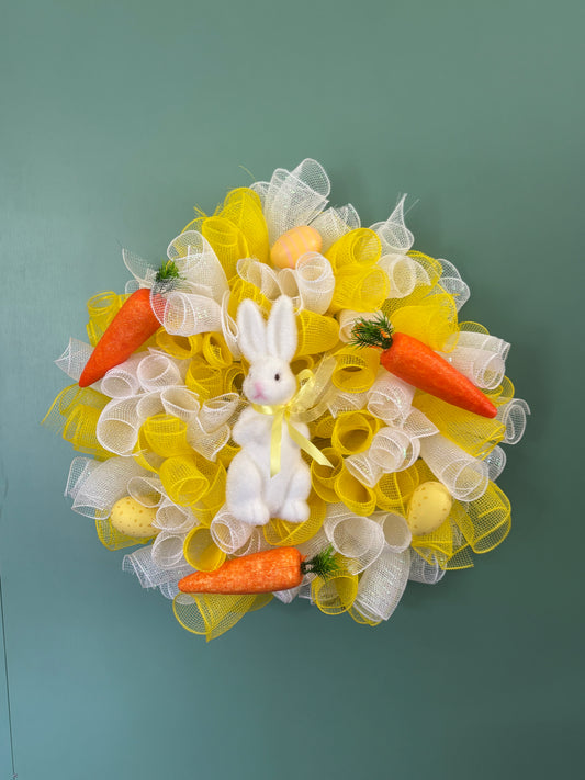 White Bunny Easter Deco Mesh Door Wreath