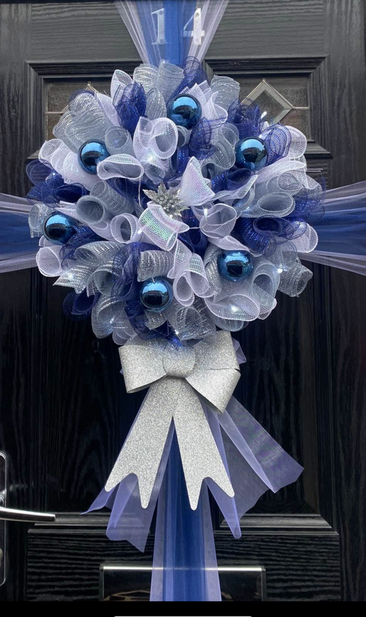 Navy Blue, White & Silver Deco Mesh Wreath