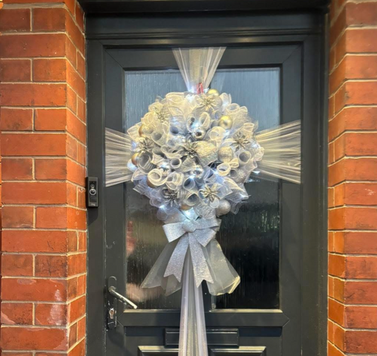 Sliver and White Deluxe Deco Mesh Wreath/Door Bow