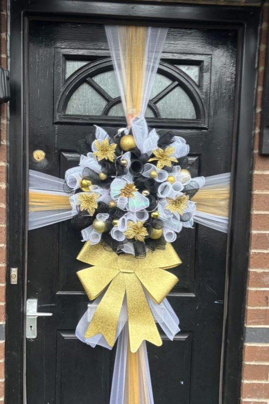 Black, White, Gold Deluxe Deco Mesh Wreath/Door Bow