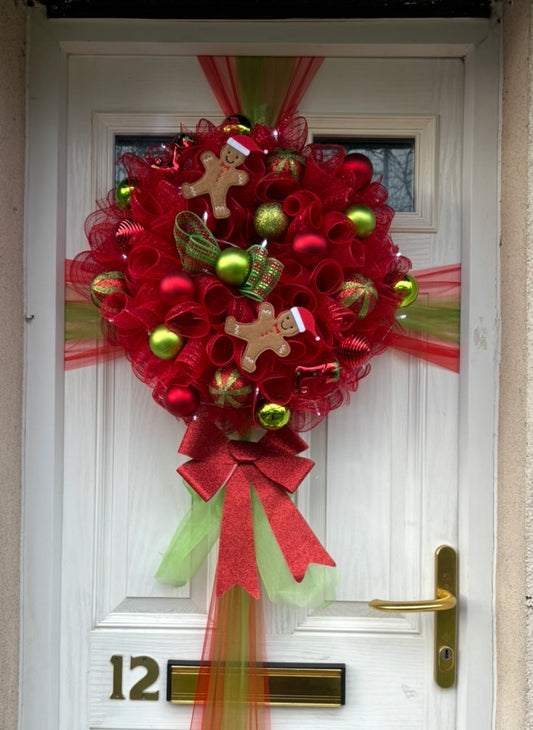 Red/Green gingerbread mix Deco Mesh Deluxe Wreath/Door Bow