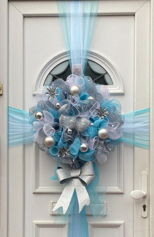 Blue & Silver Deluxe Deco Mesh Wreath/Door Bow