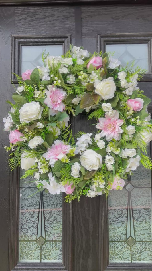 Ivory touch of pink Wreath & 1 Deluxe Rattan Basket